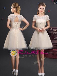 Attractive Champagne Scoop Lace Up Lace and Appliques and Belt Wedding Guest Dresses Short Sleeves