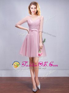 Half Sleeves Tulle Mini Length Lace Up Wedding Guest Dresses in Pink for with Ruching and Bowknot