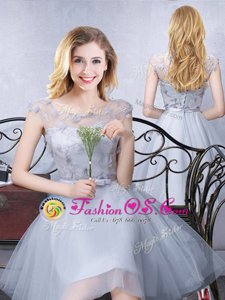 Customized Scoop Grey Lace Up Quinceanera Court Dresses Lace and Appliques and Belt Cap Sleeves Knee Length