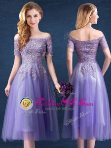 Off the Shoulder Short Sleeves Tulle Tea Length Zipper Wedding Guest Dresses in Lavender for with Beading and Lace