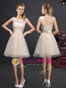 Stylish Champagne Lace Up Scoop Lace and Appliques and Belt Bridesmaid Gown Tulle Sleeveless