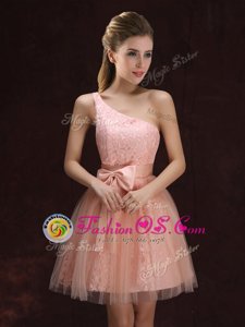 Sweet One Shoulder Peach Sleeveless Lace and Bowknot Mini Length Bridesmaid Gown