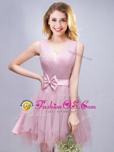 Smart Sleeveless Mini Length Ruffles and Ruching and Bowknot Lace Up Dama Dress with Pink