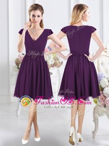 Cap Sleeves Knee Length Zipper Bridesmaid Gown Purple and In for Prom and Party with Ruching