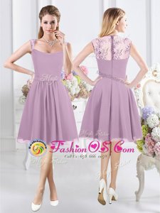 Perfect Lavender Chiffon Zipper Straps Cap Sleeves Knee Length Bridesmaids Dress Lace