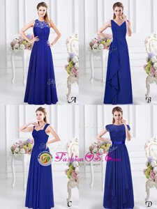 Royal Blue Chiffon Zipper Dama Dress Sleeveless Floor Length Lace and Ruffles and Ruching