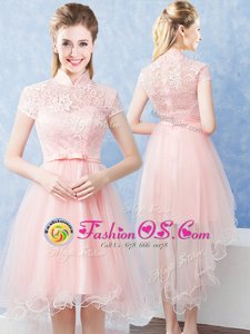 Pretty Short Sleeves Tulle High Low Zipper Quinceanera Dama Dress in Baby Pink for with Lace and Belt