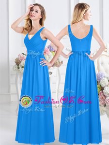 Smart Baby Blue Chiffon Zipper V-neck Sleeveless Floor Length Bridesmaid Gown Ruching
