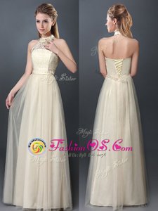 Halter Top Champagne Empire Lace and Appliques Quinceanera Dama Dress Lace Up Tulle Sleeveless Floor Length