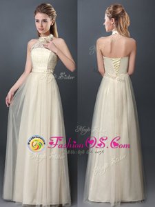 Halter Top Champagne Empire Lace and Appliques Quinceanera Dama Dress Lace Up Tulle Sleeveless Floor Length