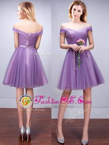Super Lavender Lace Up Off The Shoulder Ruching and Belt Court Dresses for Sweet 16 Tulle Sleeveless