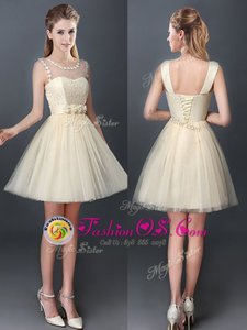 Delicate Scoop Mini Length Champagne Wedding Guest Dresses Tulle Sleeveless Lace and Hand Made Flower