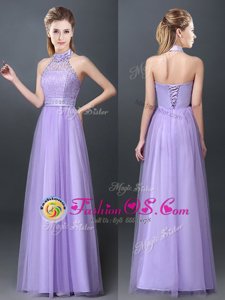 Halter Top Sleeveless Floor Length Lace and Appliques Lace Up Wedding Guest Dresses with Lavender