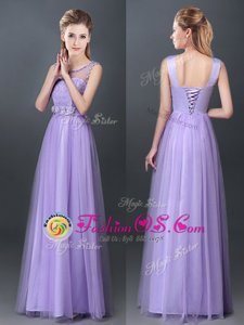 Floor Length Lavender Bridesmaid Dress Scoop Sleeveless Lace Up
