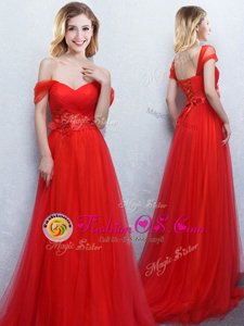 Red Empire Off The Shoulder Sleeveless Tulle With Brush Train Lace Up Appliques and Ruching Dama Dress for Quinceanera