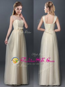 Pretty Champagne Empire Scoop Sleeveless Tulle Floor Length Lace Up Lace and Hand Made Flower Dama Dress