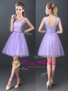 Lavender Lace Up Scoop Lace Damas Dress Tulle Sleeveless