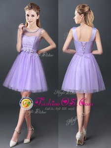 Lavender Lace Up Scoop Lace Damas Dress Tulle Sleeveless