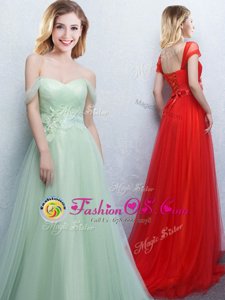 Off the Shoulder Sleeveless With Train Appliques and Ruching Lace Up Bridesmaid Dresses with Apple Green Brush Train