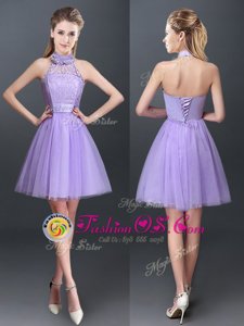 Glamorous Halter Top Sleeveless Tulle Mini Length Lace Up Bridesmaid Gown in Lavender for with Lace and Appliques