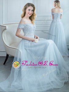 Custom Design Off the Shoulder Cap Sleeves Floor Length Lace Up Wedding Guest Dresses Light Blue and In for Prom and Party with Beading and Appliques