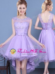 Eye-catching Scoop Lace Wedding Party Dress Lavender Lace Up Sleeveless Mini Length