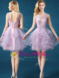 Discount Lavender Lace Up Scoop Lace Bridesmaid Dresses Organza and Tulle Sleeveless