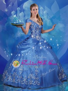 Cinderella Organza Off The Shoulder Cap Sleeves Lace Up Beading and Embroidery Quinceanera Gown in Blue