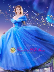 Glamorous Cinderella Off the Shoulder Beading and Bowknot Sweet 16 Dresses Royal Blue Lace Up Sleeveless Floor Length