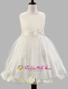 Scoop White Sleeveless Appliques and Bowknot and Hand Made Flower Floor Length Flower Girl Dress