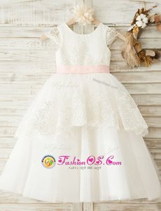 Custom Design White Organza Zipper Scoop Cap Sleeves Floor Length Flower Girl Dress Lace and Appliques and Bowknot