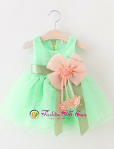 Scoop Apple Green A-line Beading and Bowknot Toddler Flower Girl Dress Zipper Organza Sleeveless Knee Length