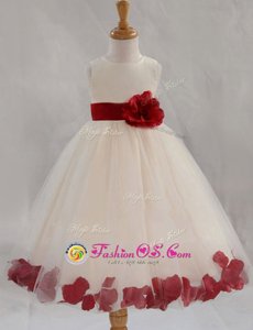 Custom Design White Scoop Zipper Appliques and Bowknot and Hand Made Flower Flower Girl Dresses for Less Sleeveless