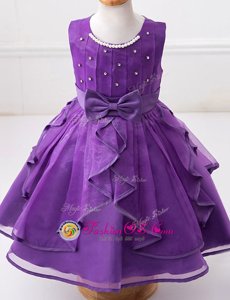 Trendy Scoop Eggplant Purple Sleeveless Floor Length Beading and Ruffles and Bowknot Zipper Toddler Flower Girl Dress