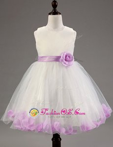 Knee Length White and Lavender Flower Girl Dresses for Less Square Sleeveless Zipper