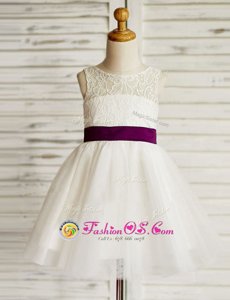 White A-line Scoop Sleeveless Tulle Mini Length Zipper Lace and Bowknot Flower Girl Dresses