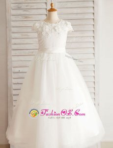 Charming Scoop Floor Length Zipper Flower Girl Dresses White and In for Party and Wedding Party with Beading and Appliques