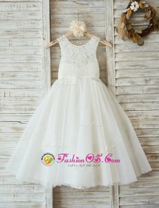 Discount A-line Flower Girl Dresses White Scoop Tulle Sleeveless Floor Length Zipper