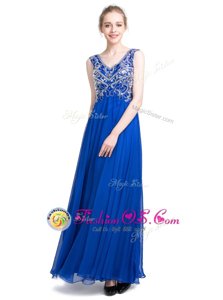 Free and Easy Column/Sheath Prom Dress Royal Blue V-neck Chiffon Sleeveless Ankle Length Zipper
