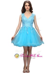 Flirting Appliques Dress for Prom Aqua Blue Backless Sleeveless Mini Length