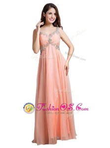 Peach Organza Backless V-neck Sleeveless Floor Length Dress for Prom Beading