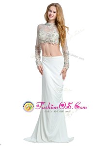Hot Selling White High-neck Neckline Beading and Lace and Appliques Prom Gown Long Sleeves Backless