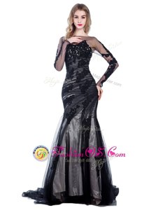 Excellent Mermaid Black Tulle Zipper Bateau Long Sleeves With Train Prom Evening Gown Court Train Lace