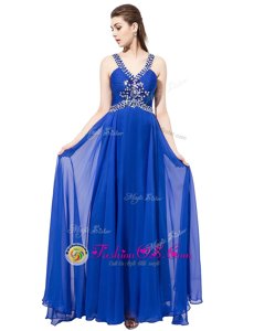 Deluxe V-neck Sleeveless Prom Gown With Train Sweep Train Beading Royal Blue Chiffon