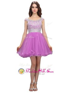 Most Popular Square Cap Sleeves Prom Dresses Mini Length Beading Lilac Organza