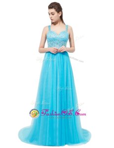 Superior Aqua Blue Sleeveless Brush Train Beading With Train