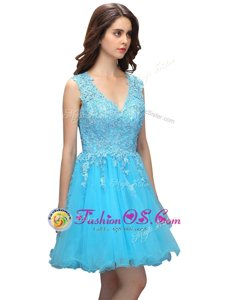 Baby Blue V-neck Backless Beading and Appliques Homecoming Dress Sleeveless
