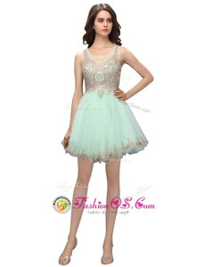 Sumptuous Scoop Beading and Appliques Apple Green Zipper Sleeveless Mini Length