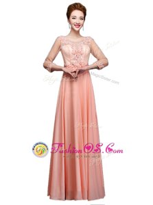 Delicate Scoop Peach Zipper Mother Of The Bride Dress Beading 3|4 Length Sleeve Floor Length