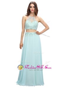Light Blue Zipper Scoop Beading Chiffon Sleeveless